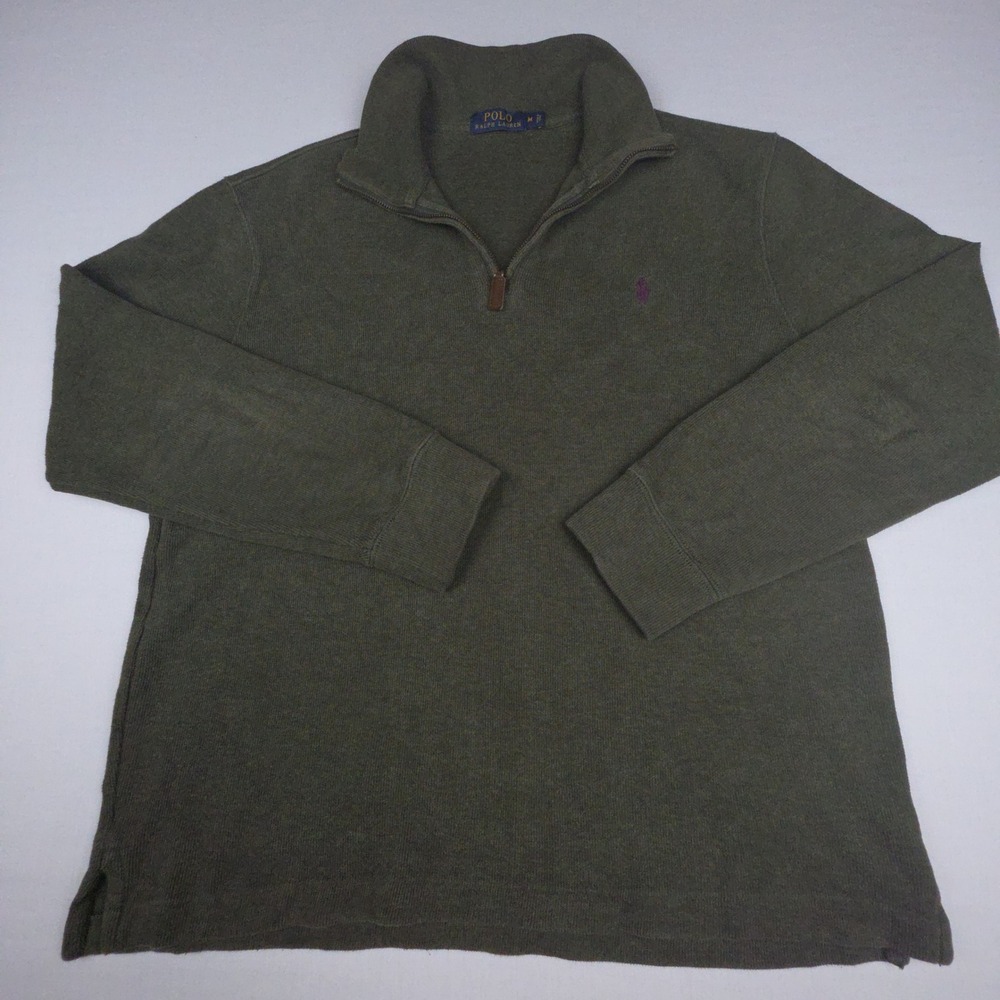 Polo Ralph Lauren Quarter Zip Pullover Sweater Mens Med Green Cotton Purple Pony